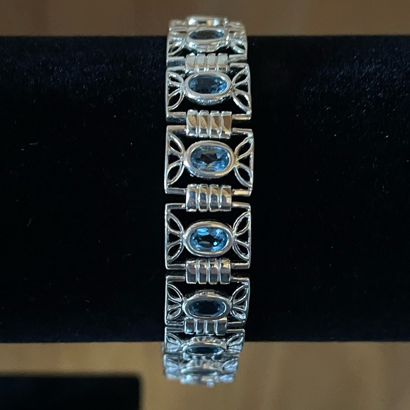 Vintage 925 sterling silver and blue topaz late art deco style bracelet - Picture 1 of 8
